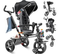 KIDIZ® Triciclo 5 en 1 para niños con barra de empuje, sistema de dirección, barra a partir de 1 año, para correr hacia adelante y hacia atrás, cesta con soporte para bebidas, parasol y ruedas de goma