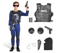 Kidken - Disfraz de policía para niños, 10 piezas, ideal para niños y niñas de 5 a 12 años, chaleco y sombrero incluidos, disfraz para niños para juegos de rol (SWAT, S)