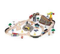 KidKraft Juego de Tren Construcción con Caja de Almacenamiento, Set de ferrocarril con rieles de Madera para niños, con Camiones, grúa y Excavadora de Juguete niños 3+ años (17805)