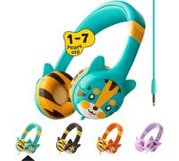 Kidrox Auriculares para Niños - Cascos Niña y Niño Diadema - Auriculares Infantiles con Cable & 85dB Volumen Limitado - Compatibles con Tableta, iPad, Teléfono y Kindle ( Oreja de Tigre, Turquesa)