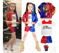 (Kids-130,1x Glove)Ladies Halloween Suicide Squad Harley Quinn Outfits Cosplay Costumes Fancy Dress
