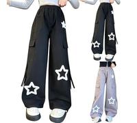 Kids Baggy Jeans Girls Star Embroidery Wide Leg Blue Jeans Elasticated Waist Plus Size Denim Cargo Trousers Teens Girl Y2K Hip Hop Pants Vintage Casual Spring Summer Joggers