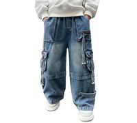 Kids Cargo Jeans Boys Elastic Waist Wide Leg Baggy Denim Pants Retro Washed Loose Fit Casual Denim Trousers with Pockets Teen Boys Summer School Trousers Trendy Y2K Streetwear