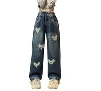 Kids Denim Jeans Cute Heart Patchwork Straight Wide Leg Baggy Jeans for Girls High Elastic Wasit Washed Ripped Denim Trousers with Pockets Teen Girls Loose Fit Casual Y2K Streetwear
