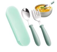 Kids Fork Spoon Set with Case - Stainless Steel Utensils for Safe Eating for School Lunch Travel Dining | Dishwasher Safe Compact Cutlery Kit for Toddlered Children Picnic Camping Home Use