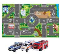 Kids Globe Alfombra de Juego con Coche (Luces Luminosas, Alfombra Infantil con camión de Bomberos, Coche de policía, Ambulancia, tamaño 120 x 72 cm, Incluye batería)