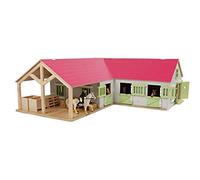 Kids Globe Farming Riding Farm Pink Farm Horse Stable Wooden 1:24 with 3 Boxes Toy Horse Farm with Practical Folding Roof, for All Standard Animal Figures 610210