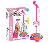 Kids Microphone with Stand, All In One Microphone Toy, Portable Karaoke Machine Singing Toy with Built-In Music, Colorful Flashing Lights & Echo Effects (Rose Pink)