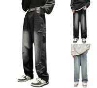 Kids Straight Leg Jeans Boys Star Embroidered Elastic Waist Wide Leg Baggy Denim Trousers Teenager Loose Fit Washed Ripped Casual Denim Pants Vintage Trendy Y2K Streetwear