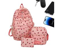 Kids Strawberry Bookbag Set with Pen Purse and Shoulder Pouch - Lightweight Knapsack for School Camping Outdoor Travel Preschool Boys and Girls