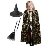 Kids Witch Costume Halloween Witches Capes Girls Black Witch Hat, Broom