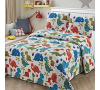 Kids Zone Home Linen Colcha de 2 Piezas, tamaño Individual, para niños y Adolescentes, Dinosaurios, Blanco, Azul, Verde, Naranja, bebé, Dinosaurios, Multicolor, Ropa de Cama