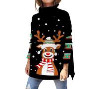 Kids4ever Jersey de Navidad para Mujer Jersey de Cuello Alto con Estampado de Alces Lindo Negro Jersey de Punto navideño de Manga Larga con Cuello Redondo y Aberturas Laterales S