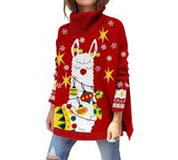 Kids4ever Jersey Navideño para Mujer Jersey de Cuello Alto con Estampado de Alpaca FEA Jersey de Punto con Aberturas Laterales y Manga Larga Rojo S