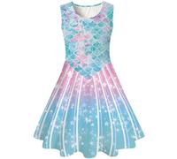 Kids4ever Vestido para Niñas Sin Mangas Vestidos con Patrón De Sirena 3D Corte A hasta La Rodilla Vestido De Fiesta De Princesa Vestido Plisado Sin Mangas 10-12 Años