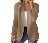 Kiduoua - Blazer corto para mujer, trajes y blazers sin cuello, chaquetas con frente abierto, mangas fruncidas 3/4, ropa de abrigo de medio lino, cárdigan-1, caqui, 3XL
