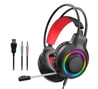 KieTeiiK Over Ear Computer Headsets with Dynamic RGBs Lighting Noise Canceling Mics 40mm Composite Driver Full Enclosed Acoustics Comfort Headband For Gaming Redness Black LED Gaming Headsets