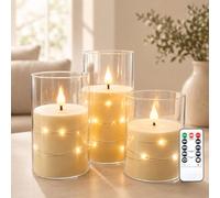Kiexung Vela intermitente sin llama con cadena de luz, vela alimentada por pilas, vela LED empotrada, velas de plexiglás indestructibles con control remoto, juego de 3, blanco marfil