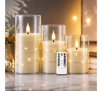 Kiexung Vela intermitente sin llama con cadena de luz, vela alimentada por pilas, vela LED empotrada, velas de plexiglás indestructibles con control remoto, juego de 3, blanco marfil