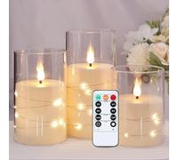 Kiexung Vela intermitente sin llama con cadena de luz, vela alimentada por pilas, vela LED empotrada, velas de plexiglás indestructibles con control remoto, juego de 3, blanco marfil