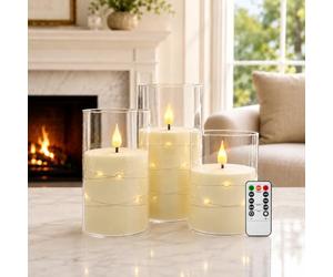 Kiexung Vela intermitente sin llama con cadena de luz, vela alimentada por pilas, vela LED empotrada, velas de plexiglás indestructibles con control remoto, juego de 3, blanco marfil