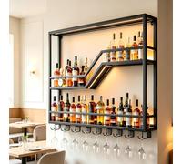 Kifezk Botellero De Pared De Hierro Negro con Portacopas, 170 cm | Estante Expositor De Vino Estilo Industrial, Estante De Bar Suspendido Para Bar Doméstico, Cocina Y Comedor
