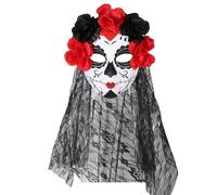 KIHOARL Máscara de calavera de azúcar del Día de los Muertos con velo y corona de flores de rosa, máscara de encaje mexicana del Día de los Muertos para Halloween, máscara de encaje para mascarada,