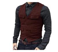 Kiioouu Chaleco de Traje de Lana Tweed de Espiga para Hombre Chaleco Vintage Steampunk Chaleco Casual Formal de Negocios para Hombres Boda, granate, M