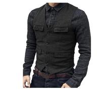 Kiioouu Chaleco de Traje de Lana Tweed de Espiga para Hombre Chaleco Vintage Steampunk Chaleco Casual Formal de Negocios para Hombres Boda, Negro, L