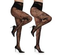 Kiiwah 2 Pares Medias Encaje Negro Mujer, Sexy Elásticas Medias de Rejilla Negras, Floral Lace Pantimedias Mujer, Media Estampadas Fantasia para Carnaval Halloween Clubes Fiesta Citas