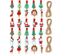 Kiiwah 30 Piezas Navidad Pinzas Pequeñas de Madera, Mini Clips Fotos con 3m Cuerda de Yute para Navidad Decoracion