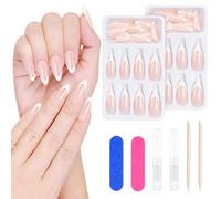 Kiiwah Almendra Largo Francés Uñas Postizas, Aurora Rosa Fake Nails Blanco Francesas Tips, Francés Uñas Postizas con Limas Para Uñas, Palitos para Cutículas para Mujeres DIY Manicura