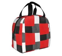 KIJ Bloque geométrico rojo, gris, negro y blanco, Bolsa de almuerzo reutilizable, aislante, fácil de limpiar, ideal para el trabajo, picnic y camping.