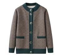 KIJSKKOPO Abrigo Forrado De Polar para Personas Mediana Edad Y Mayores, Verde, Manga Larga, Cuello Redondo, Botones, Estampado Ondulado, Patchwork, Chaqueta Punto, Anciana, Abuela, Invierno, Abrigo