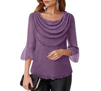 KIJSKKOPO Blusa Elegante con Mangas 3/4 Y Purpurina para Mujer, Túnica Fiesta Nochevieja, Camisa Brillante con Vuelo, Top Corto De Malla con Cuello Apilado, Blusas Festivas para Bodas, Fiestas Carn