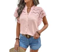 KIJSKKOPO Blusa Mujer con Botones Y Bordados Ojales, Cuello En V, Lunares Suizos, Manga Corta, Estilo Túnica, Corte Bohemio Casual, Ajustada, Ideal para El Verano, Salidas Diarias, Vacaciones