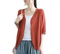 KIJSKKOPO Bolero De Punto Seda Helada Verano para Mujer, Liso, Manga Corta, Cuello En V, Abotonado, Cárdigan Corto Ligero, Frente Abierto, Informal, para La Playa, Naranja XXL
