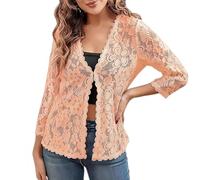 KIJSKKOPO Bolero Transparente De Encaje Floral para Mujer, Cárdigan Negro De Manga 3/4 con Parte Delantera Abierta, Ligero Y Ajustado para Verano, para Vestidos Fiesta Noche Y Boda, Naranja S
