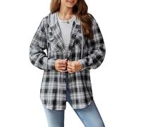 KIJSKKOPO Camisa con Capucha Cuadros para Mujer, Botones Azules De Manga Larga, Chaqueta Cárdigan A Rayas Retro Cuadros, Abrigo Informal Holgado Estilo Boyfriend con Bolsillos, Negro XXL
