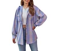 KIJSKKOPO Camisa con Capucha Cuadros para Mujer, Botones Azules De Manga Larga, Chaqueta Tipo Cárdigan A Rayas Retro Cuadros, Abrigo Informal Holgado Estilo Boyfriend con Bolsillos, Color Morado