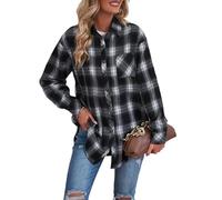 KIJSKKOPO Camisa De Manga Larga A Cuadros para Mujer, Cárdigan con Solapa Negra Y Botones, Camisas A Cuadros Vintage, Chaqueta Informal Holgada Otoño, Abrigo Estilo Boyfriend con Bolsillo, Negro
