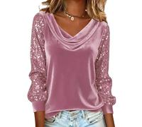 KIJSKKOPO Camisetas Lentejuelas Manga Larga Terciopelo para Mujer, Top Corto Ajustado con Cuello Alto Y Vuelo Liso, Blusa Tipo Túnica con Lentejuelas Brillantes A La Moda, Camisa Sexy para Fiesta,