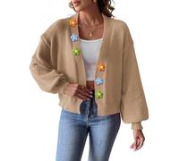 KIJSKKOPO Cárdigan Cortode Punto Grueso con Flores Ganchillo 3D Coloridas para Mujer, Frente Abierto, Hombros Caídos, Mangas Largas Abullonadas, Suéter Holgado Y Cálido, Color Caqui M