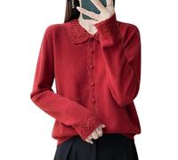 KIJSKKOPO Cárdigan Lana Merino para Mujer con Cuello Peter Pan Ganchillo Hueco, Tapeta Encaje Festoneada, Manga Larga, Suéter Punto Ajustado, Chaqueta Punto Suave Y Cálida para Oficina, Uso Diari