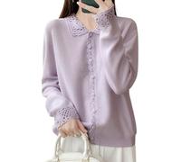 KIJSKKOPO Cárdigan Lana Merino para Mujer con Cuello Peter Pan Ganchillo Hueco, Tapeta Encaje Festoneada, Manga Larga, Suéter Punto Ajustado, Chaqueta Punto Suave Y Cálida para Oficina, Uso Diari