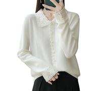KIJSKKOPO Cárdigan Lana Merino para Mujer con Cuello Peter Pan Ganchillo Hueco, Tapeta Encaje Festoneada, Manga Larga, Suéter Punto Ajustado, Chaqueta Punto Suave Y Cálida para Oficina, Uso Diari