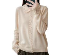 KIJSKKOPO Cárdigan Lana Merino para Mujer con Cuello Peter Pan Ganchillo Hueco, Tapeta Encaje Festoneada, Manga Larga, Suéter Punto Ajustado, Chaqueta Punto Suave Y Cálida para Oficina, Uso Diari