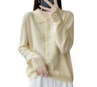 KIJSKKOPO Cárdigan Lana Merino para Mujer con Cuello Peter Pan, Tapeta Encaje Festoneada, Manga Larga, Tejido Ajustado, Chaqueta Punto Suave Y Cálida para Oficina, Uso Diario Informal, Color Amari