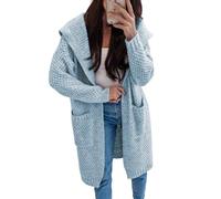 KIJSKKOPO Cárdigan Largo De Punto con Capucha para Mujer, Azul, Manga Larga, Frente Abierto, Chaqueta Transición Punto De Crochet con Cuadros De Diamantes, Abrigo Informal Holgado Y Cálido, PREN
