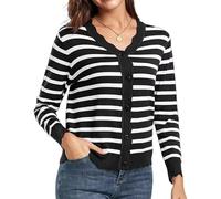 KIJSKKOPO Cárdigan Punto para Mujer, Manga Larga, Cuello En V, Abotonado, Ligero, Festoneado, Cárdigan, Suéter, Bolero Corto, para Vestido, Noche De Verano, Boda, Rayas Negras, Talla XS